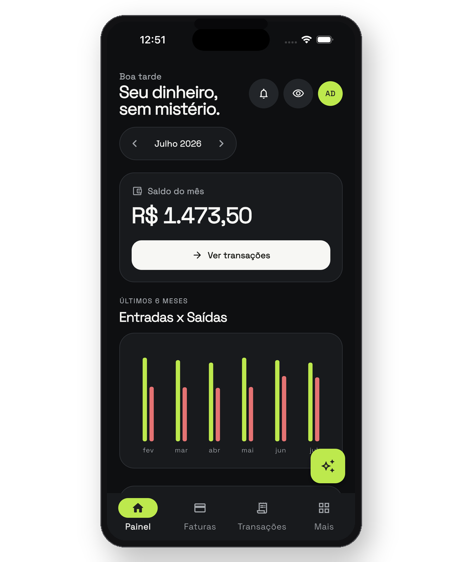 Painel do mês no app FinOne: saldo, entradas e saídas